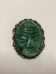 Mexican Carved Green Stone Brooch Marked Taxco