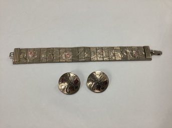 Vintage Etched Bracelet & Clip Earrings