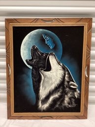 Vintage Signed Wolf Painting On Velvet
