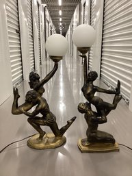 Pair Of Signed Art Deco Style Nude Figure Globe Lamps
