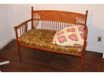 Vintage Farmhouse Bench With Cushion And Knitted Blanket