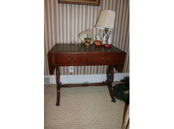Antique Wood Drop-leaf Desk Table With 2 Table Lamps
