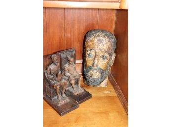 Pair Of Vintage Wood Bookends & Carved Santo Head