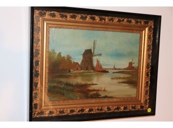 Vintage Oil Painting Beautiful Dutch Windmill Scene By GM Weglau, Circa 1905