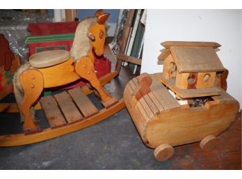 Vintage Wooden Rocking Horse And Handcrafted Rolling Toy Box