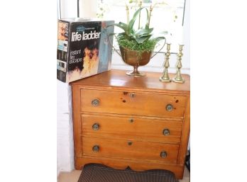 Wood 3 Drawer Chest, Portable Fire Ladder, Brass Candlesticks And Copper Planter