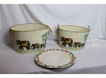Set Of Elephant Baskets And Porcelain Plate