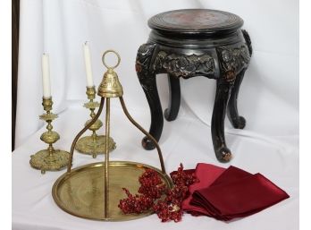 Brass Indian Style Serving Tray And Candlesticks