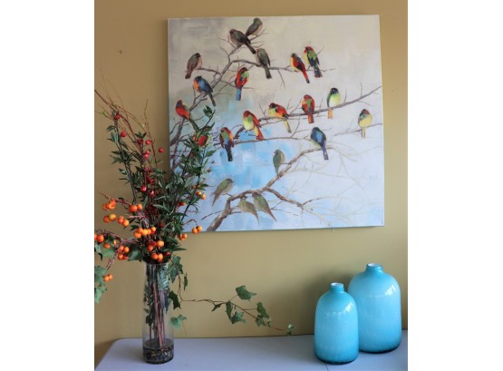 Fun Flying Bird Giclee With Decorative Vase & Blue Oxnard Glass Jars