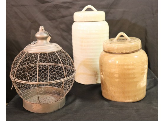 Large Hanging Spherical Candle Holder With Chain & Large Crackle Finished Canisters With Lids