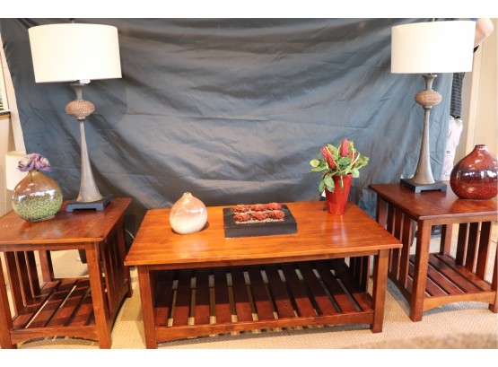 Set Of 3 Mission Style Tables Includes Collbran Table Lamps, Decorative Myanmar Vases & More