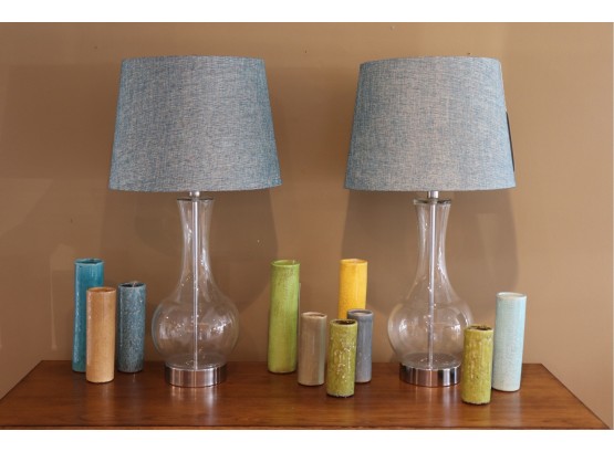 Contemporary Chrome Finished Decanter Style Table Lamps With Blue Linen Shades & Crackle Finish Bud Vases