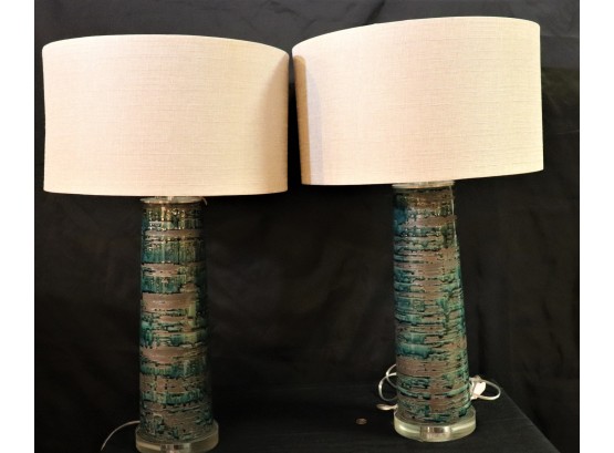 Pair Of Beautiful Vibrant Blue Lamps With Lucite Base & Drum Style Shades Really A Stunning Pair