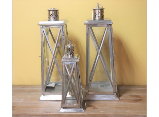 Set Of 3 Decorative Chrome Finished Tin Metal Candle Lanterns