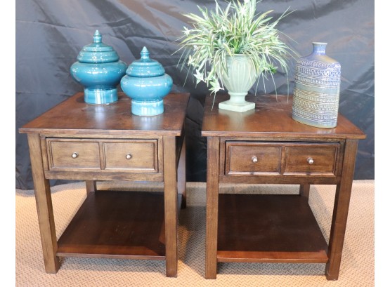 Pair Of Wood Nightstands Includes Decorative Jars & Canisters