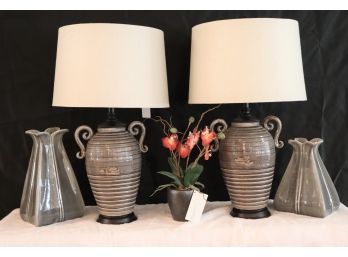 Contemporary Style Urn Lamps With Handles Distinctive Designs Faux Orchid Plant & 2 Grey Stylish Florina Va