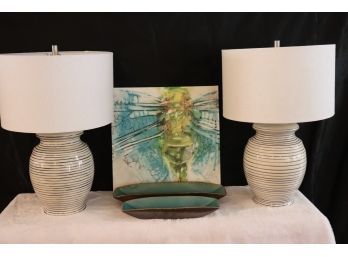 Pair Of Stylish Urn Style Ceramic Table Lamps With Blue Dragonfly Print Includes 2 Sea Blue Trays Beautiful Co