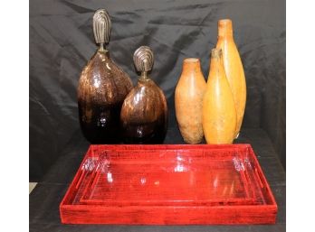 2 Lacquered Wood Trays Includes Large Crackle Finish Bottles & Stoppers , Set Of 3 Metal Ponte Nova Vases