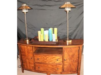 Primo Medium Oak Entertainment Console With Quality Albaretto Table Lamps, Includes Bud Vases & Wood Tray