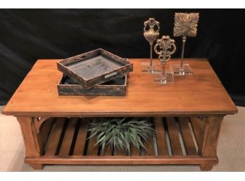 Kincaid All Wood Coffee Table & Mirrored Trays In A Distressed Finished Look, Decorative Items Included