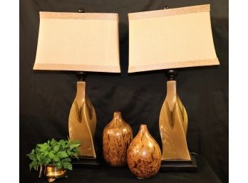 Pair Of Unique Curvy Table Lamps With Decorative Vase, Faux Plants  Burley Wood Style Bottle Decor