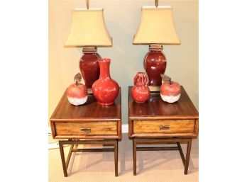 75.Pair Of MCM Style End Tables With Stylish Lamps & Cranberry Colored Decor