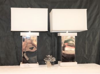 Pair Of Stylish Contemporary Chrome Finished Keystone Table Lamps On A Marble Base & Small Glass Flower Cube