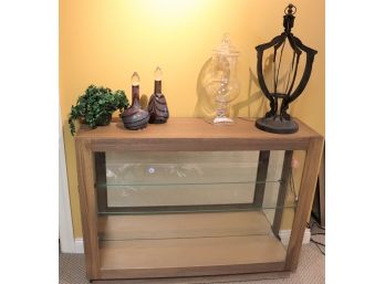 Howard Miller Glass Display Cabinet With Lights & Glass Shelf Includes Art Glass Decanters & Lantern