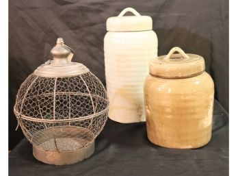 Large Hanging Spherical Candle Holder With Chain & Large Crackle Finished Canisters With Lids