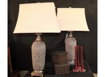 Pair Of Stylish Tricarico Table Lamps With Shades & Set Of 3 Single Stem Vases