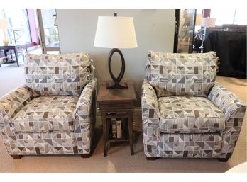 New Multicolored Geometric Pattern Seating Section - 2 Matching Armchairs, Side Table, Lamp, Bookends & Books