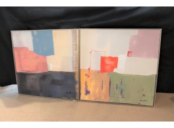 Pair Of Contemporary Art Prints In Painted Wood Frames