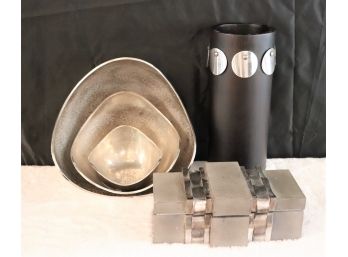 Collection Of 3 Lindi Aluminum Decor Bowls, Quality Decorative Box & Tall Wood Vase