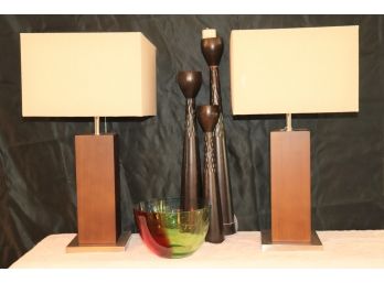 Stylish Surya Contemporary Wood Grain Finish Lamps On Metal Base Includes  Candlesticks & Blown Glass Bowl