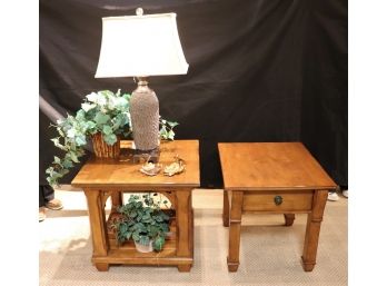 Pair Of Kincaid All Wood Side Tables With Tricario Table Lamp & Decorative Accessories