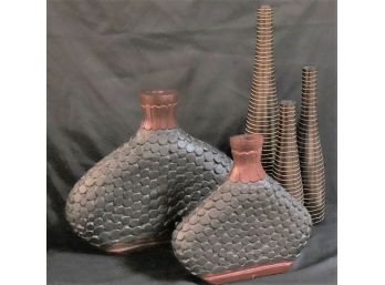 Collection Of Decorative Wooden Vases With Etched Lines & Decorative Resin Urns/Vases