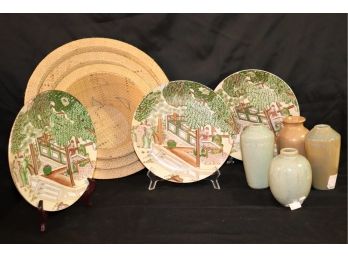 Beautiful Collection Includes Decorative Painted Asian Wall Plates Set Of 3 Woven Pandan Bowls & Mini Vase
