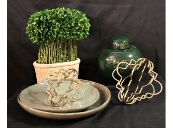 Large Delano Bowl With Crackle Finish, Green Covered Ginger Jar & Decorative Plant By Uttermost