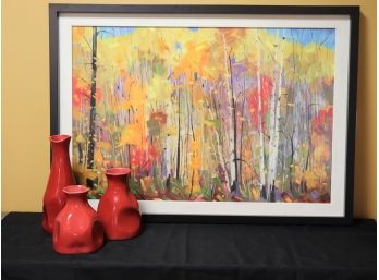 Fun Colorful Landscape Print With Bright Colors & Red Colored Oslo Vase Set53.Fun Colorful Landscape Prin