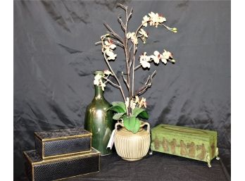 100Heavy Decorative Boxes, Metal Green Grecian Style Box With Lid & Decorative Plant And Vase