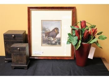 Hand Colored Lion Print In A Matted Frame Includes Melani Wood Boxes By Uttermost & Ddi Floral Vase