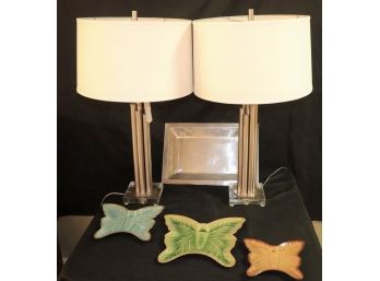 Contemporary Feiss Brushed Nickel Metal Table Lamps, Butterfly Plates & Todd Oldham Aluminum Tray