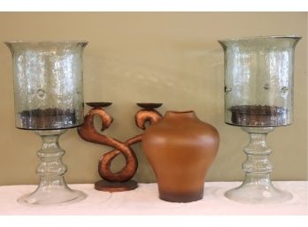 Pair Of Oversized Kalalou Candle Holders Recycled Glass, Haeggar Free Hand Vase & Zodiac Candle Holder