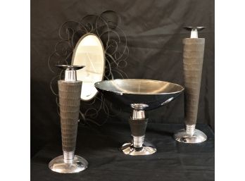 Forged Twisted Design Mirror & Futura Candlesticks Includes Large Footed Futura Fruit Bowl Contemporary S