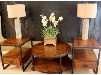 Baja Farm Style Coffee Table & End Tables Include Decorative Lamps & Faux Orchid Plant