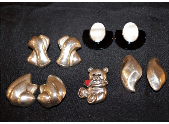 Cute Sterling Silver Teddy Bear, Long Clip-On Earrings Leaf Shape, Floral Pair & MOP Earrings With Onyx
