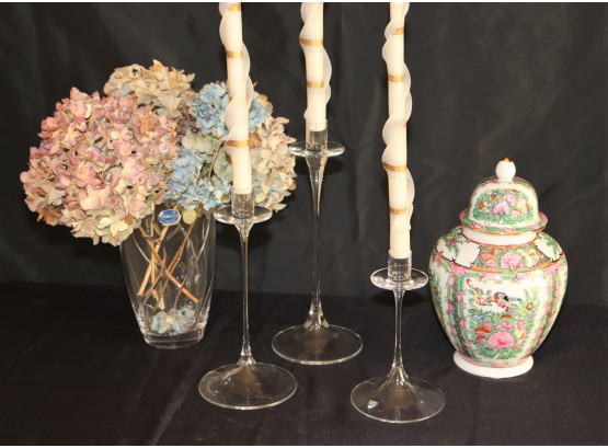 Elegant Orrefors Candlesticks, Asian Rose Medallion Design Urn With Lid & Bohemia Crystal Vase