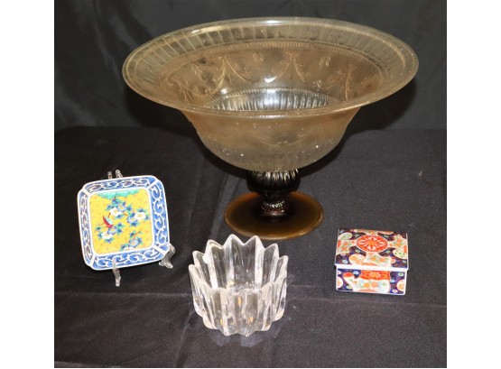 Beautiful Pedestal Bowl, Small Orrefors Crystal Bowl & Asian Style Trinket Box