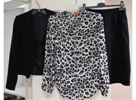Womens Clothing Includes Tahari Blazer Size 4, Cheetah Print Blouse Size Small & Black Skirt Size 4