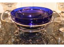 Cobalt Blue Bowl On Stand, Large Hurricane Style Holders 2 Champagne Flutes & French Crystal Vase By Vaun